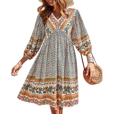 BTFBM Women Casual Spring Summer Dresses V Neck 3/4 Long Sleeve Ruffle Floral Flowy Boho Babydoll Mini Short Beach Dress