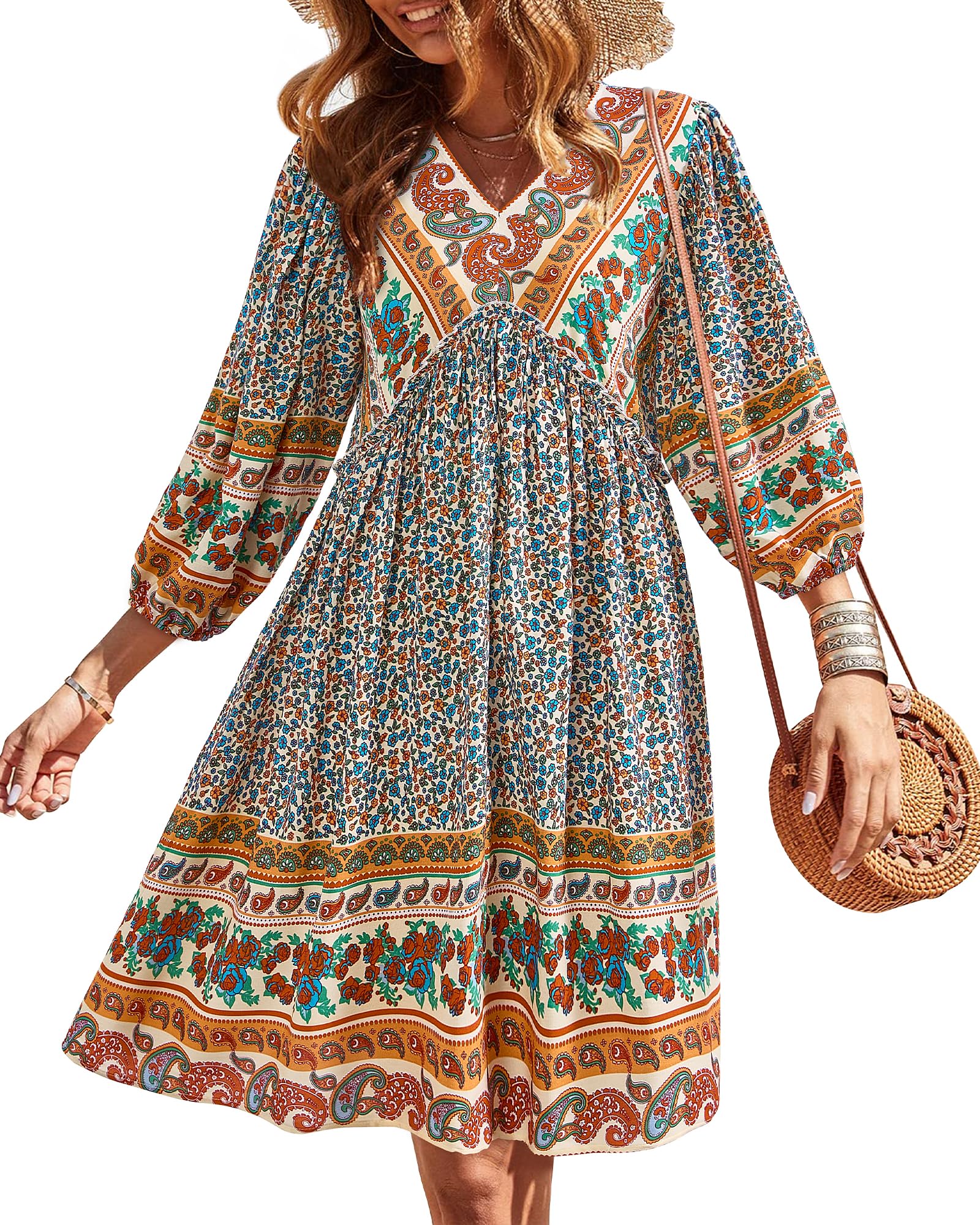 BTFBM Women Casual Spring Summer Dresses V Neck 3/4 Long Sleeve Ruffle Floral Flowy Boho Babydoll Mini Short Beach Dress