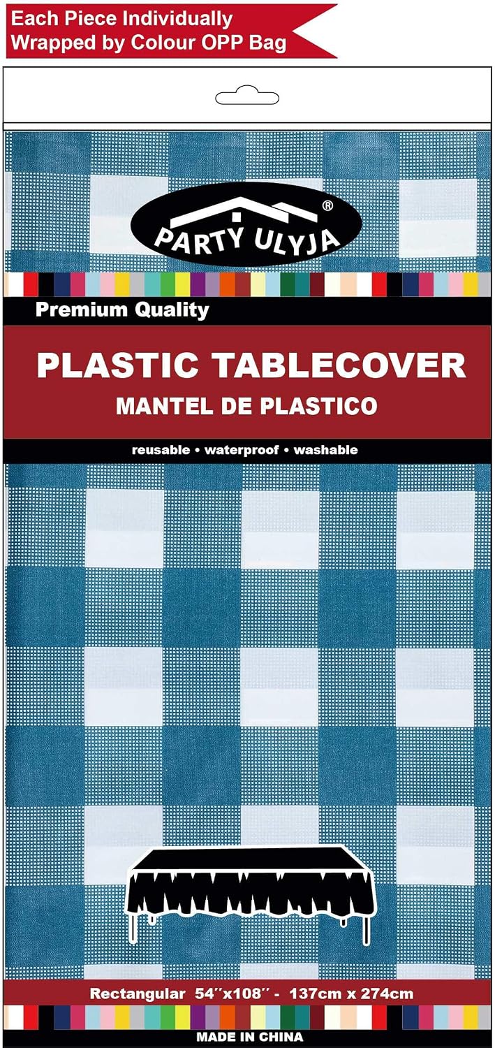 Blue Gingham Checkered Plastic Tablecloths 12 Pack Disposable Table Covers 54 x 108 Inches Party Tablecovers PEVA Vinyl Buffalo Plaid Table Cloths for Rectangle Tables Upto 8 ft and Picnic Barbecue