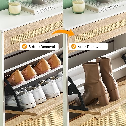 Miniatura 5 de IDEALHOUSE Gabinete de 2 puertas abatibles de ratán natural con 1 cajón, organizador de zapatos independiente, zapatero para entrada con estantes