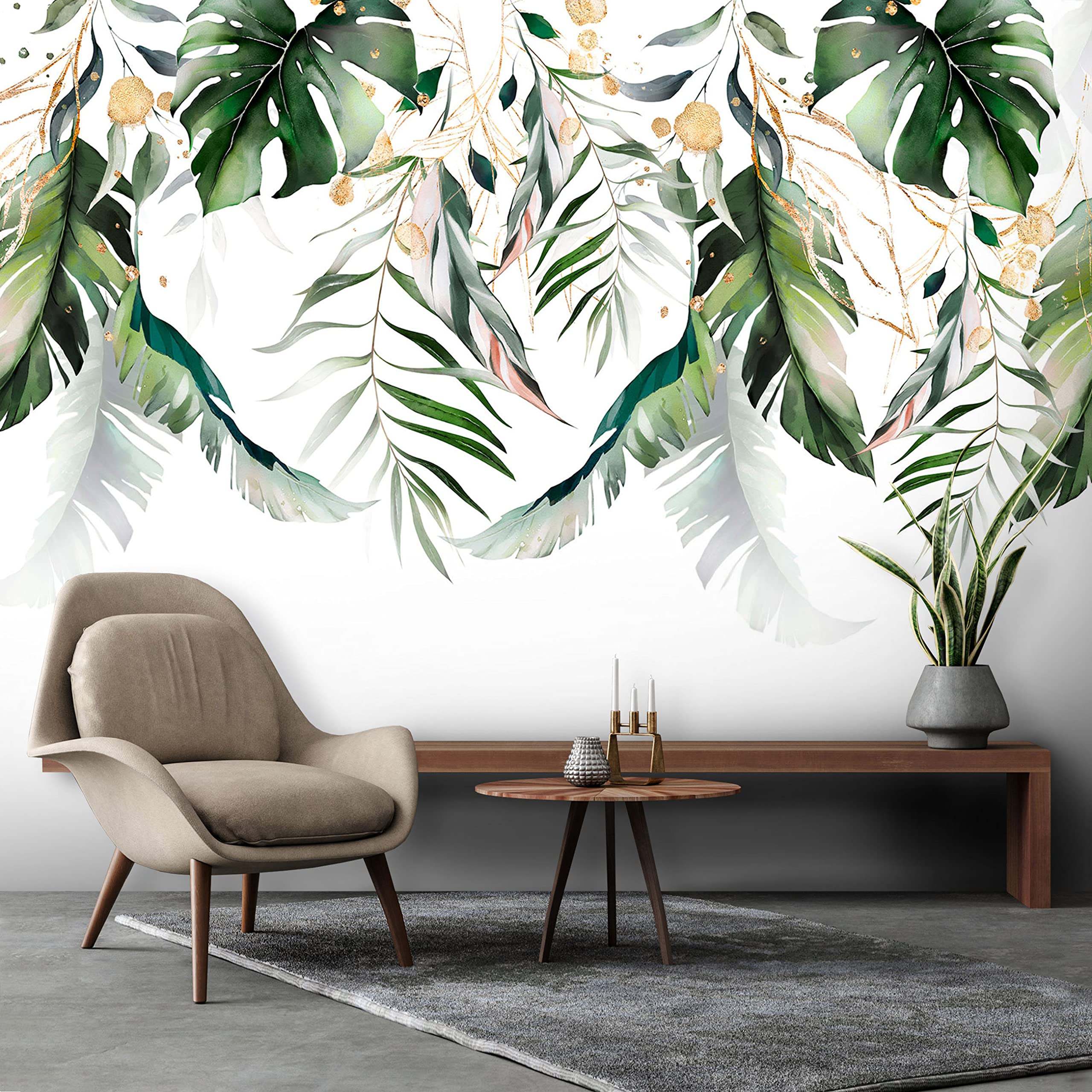 Fototapeta z liście, zielono-złota, monstera, roślina liście, do salonu, sypialni, tapeta ścienna, nowoczesna tapeta z włókniny, druk lateksowy, odporna na działanie promieni UV, gotowa do montażu (14128, V8 (368 x 254 cm) 4 pasy)