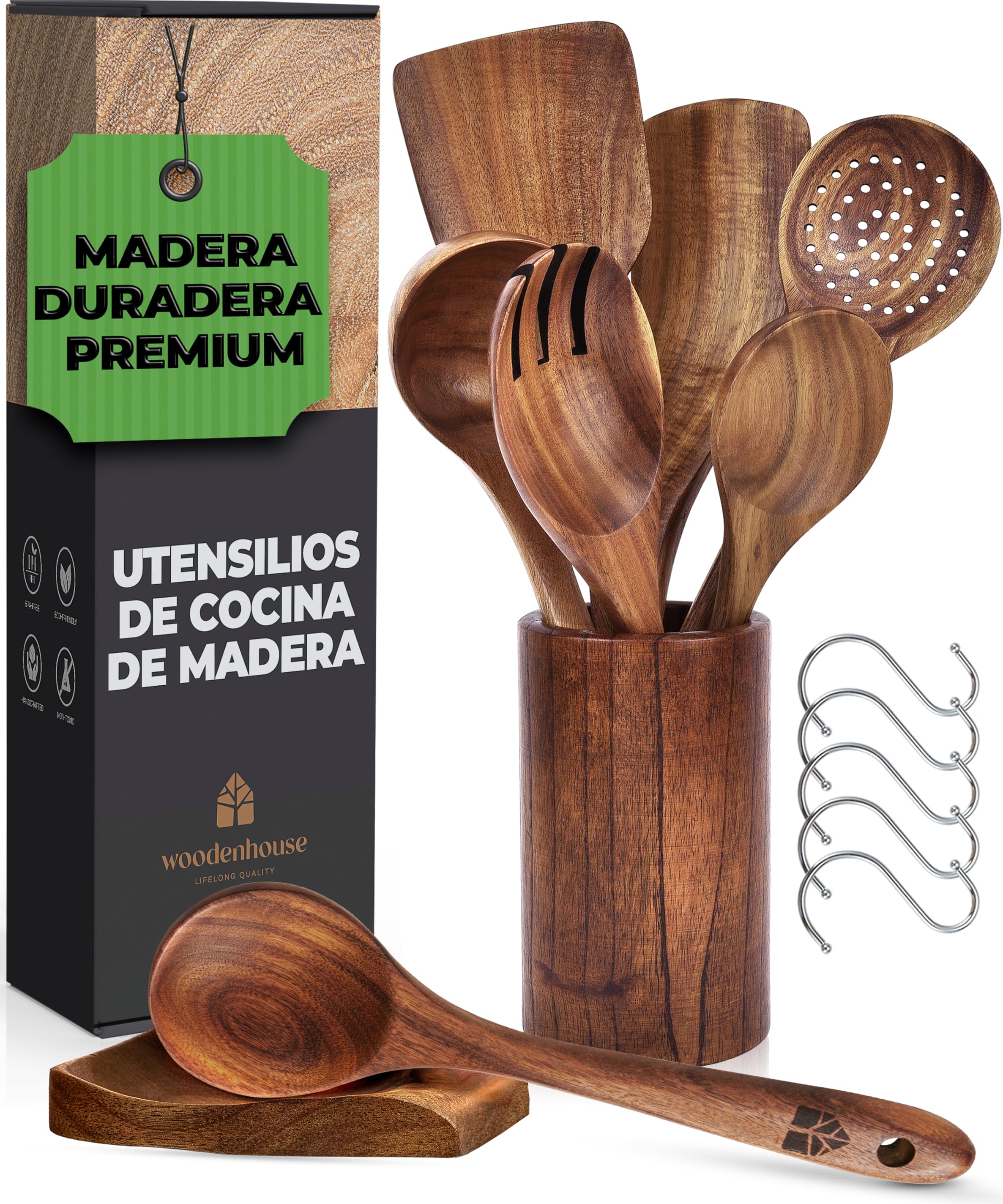 Utensilios de Cocina Madera 8 Pzs - Set de Espátulas y Cucharas de Madera, con Soporte, Reposacucharas y Ganchos. Antiarañazos. Accesorios Cocina con Agarre Cómodo para Sartenes Antiadherentes