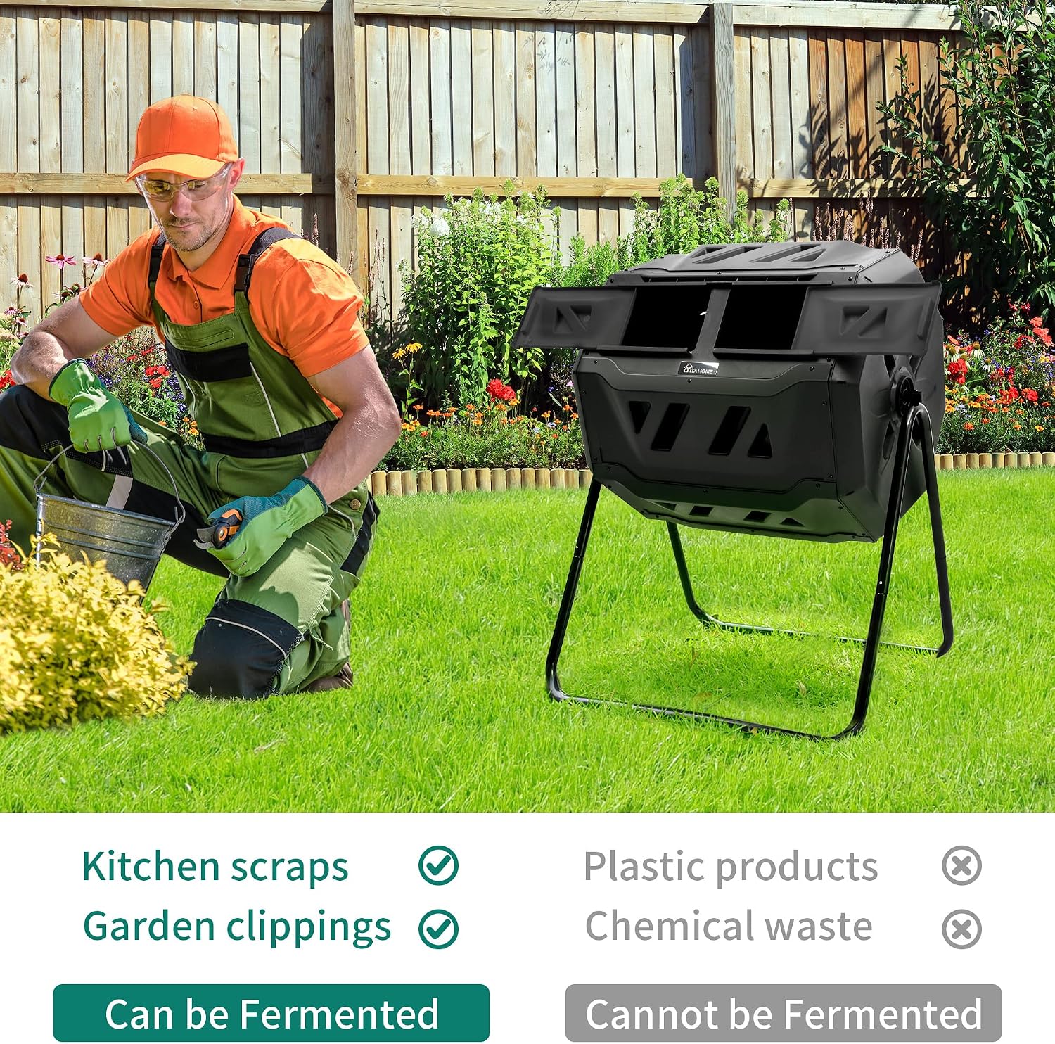 Image illustrating what materials can and cannot be fermented in the composter, showing kitchen scraps and garden clippings as suitable, and plastic products and chemical waste as unsuitable.