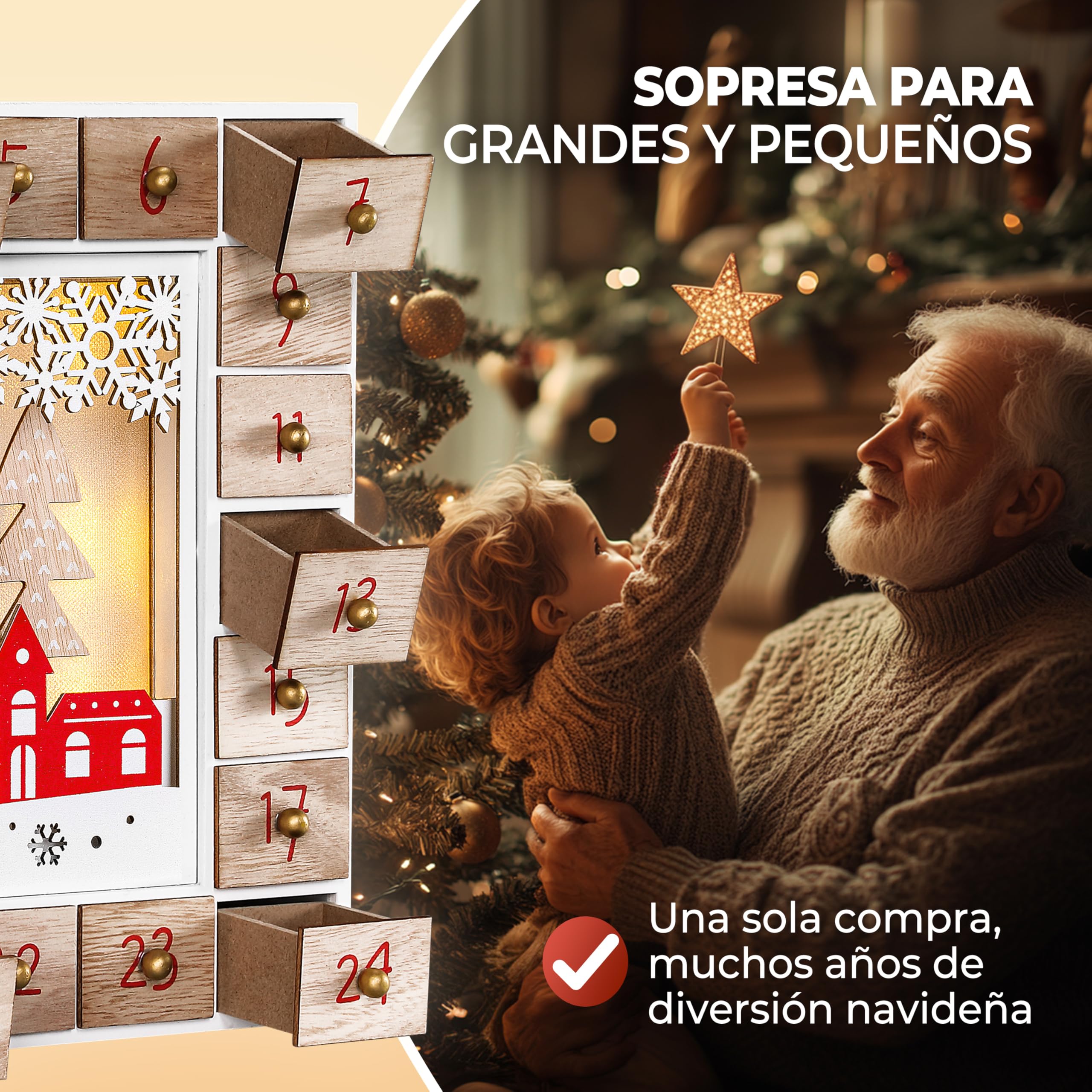 Spielwerk® Calendario de Adviento Madera Navidad Luces LED 24 Cajones Adorno para Rellenar Decoración Navideña 2025