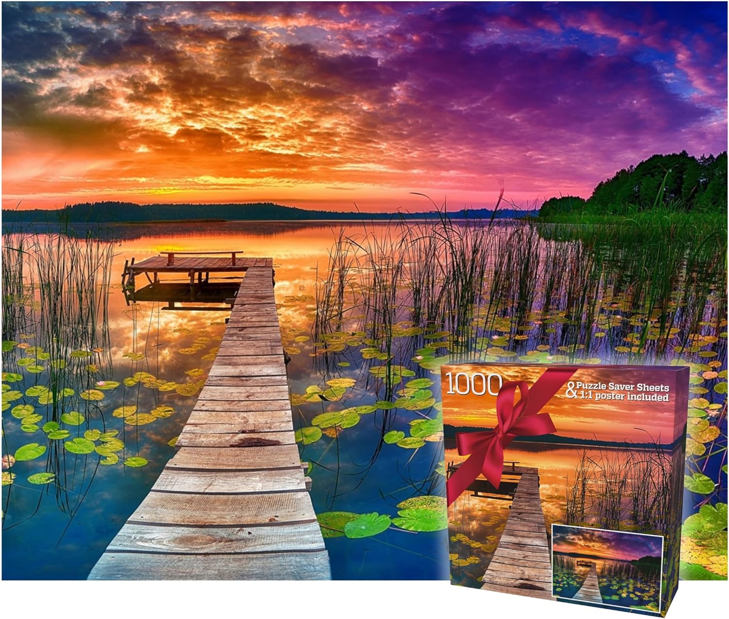 Puzzles for Adults 1000 Pieces - Ideal Gift for Loved Ones, Gift-Ready Box, Letters on Back, 8 Jigsaw Puzzle Saver Sheets & Full-Size Poster - Scenic Landscape Sunset with Dock & Lilies by GERJATO