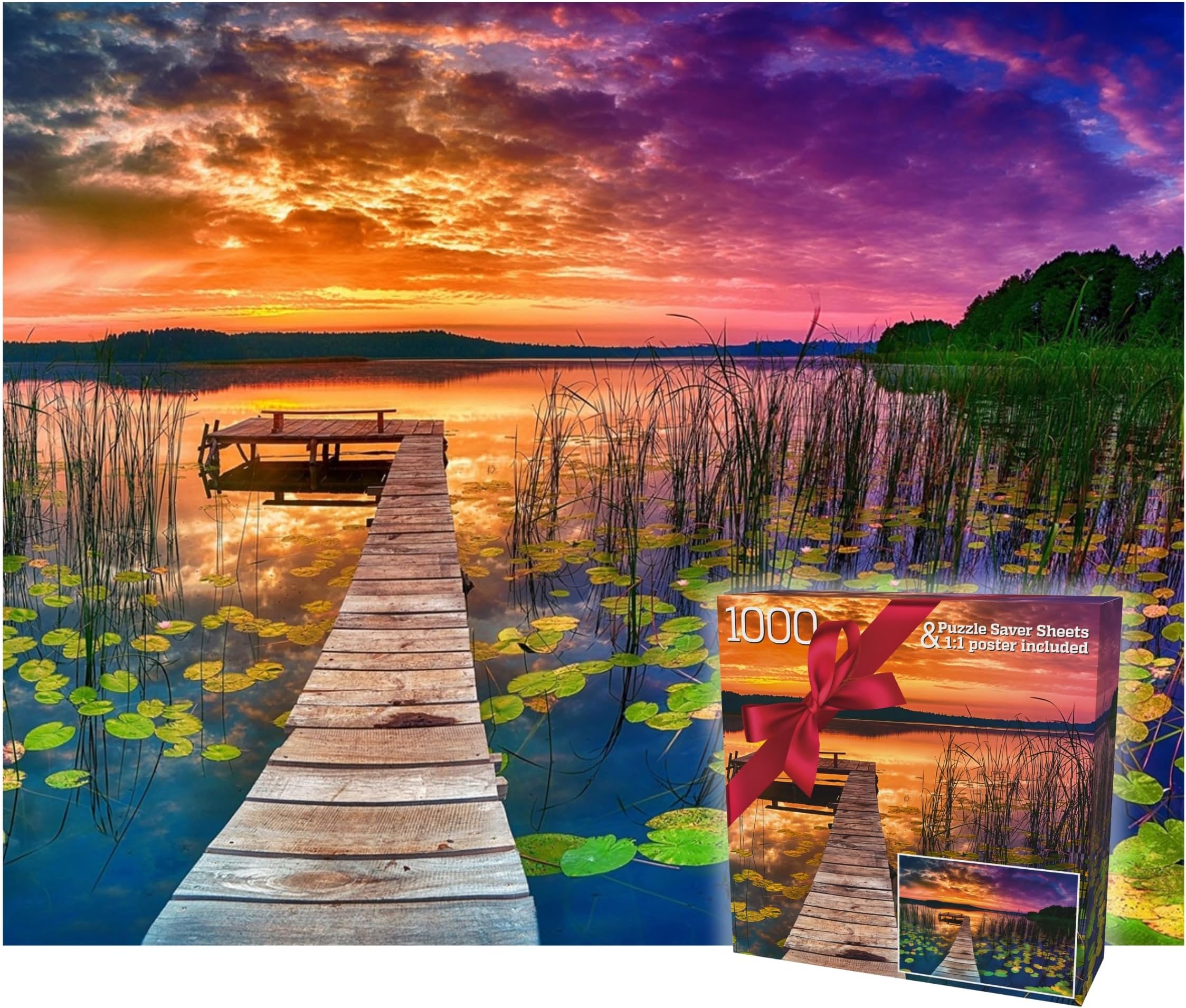 Puzzles for Adults 1000 Pieces - Ideal Gift for Loved Ones, Gift-Ready Box, Letters on Back, 8 Jigsaw Puzzle Saver Sheets & Full-Size Poster - Scenic Landscape Sunset with Dock & Lilies by GERJATO