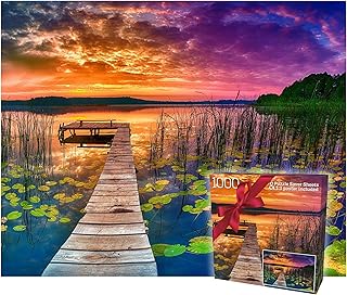 Puzzles for Adults 1000 Pieces – Ideal Gift for Loved Ones, Gift-Ready Box, Letters on Back, 8 Jigsaw Puzzle Saver Sheets & Full-Size Poster – Scenic Landscape Sunset with Dock & Lilies by GERJATO