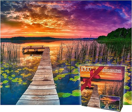 Puzzles for Adults 1000 Pieces - Ideal Gift for Loved Ones, Gift-Ready Box, Letters on Back, 8 Jigsaw Puzzle Saver Sheets & Full-Size Poster - Scenic Landscape Sunset with Dock & Lilies by GERJATO