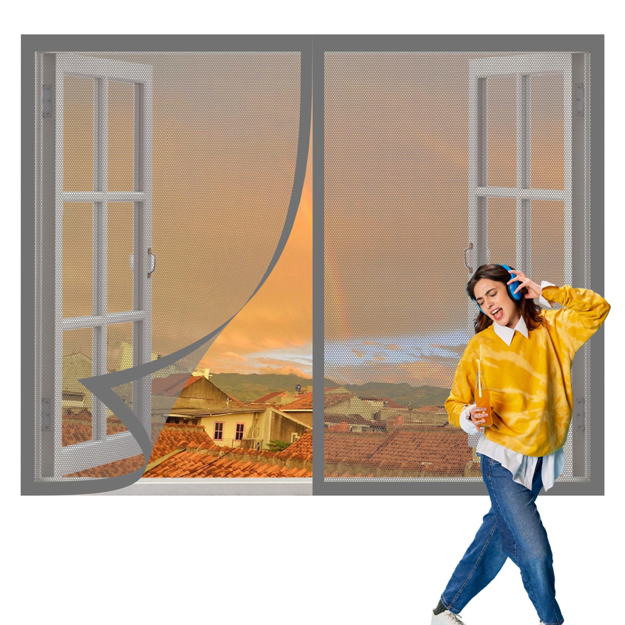 Magnetic Net Window 90 x 145 cm with Selfadhesive Insect Mesh Mosquito Net Window Fine Mesh Design Prevents Tiny Insects from Entering for Windows Doors and Patio Screens, Grey