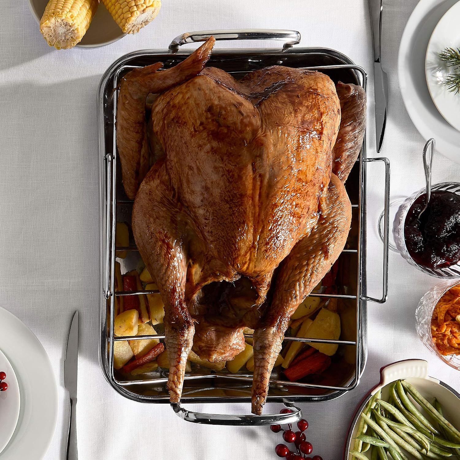 VonShef Stainless Steel Roasting Pan - 17 Inch Rectangular Roaster Pan with Rack - 8 Quart Capacity