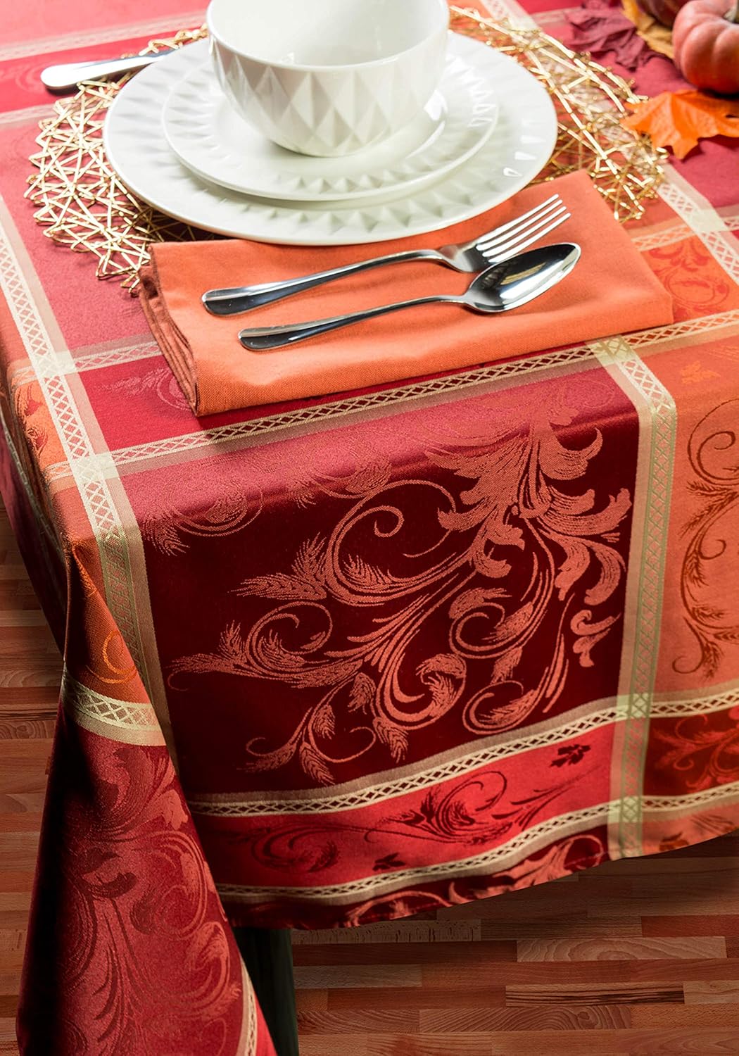 DII Traditional Harvest Wheat Jacquard Collection Thanksgiving Fall Table Décor Damask Cotton, 60x120 Rectangle Tablecloth, Burnt Orange Pumpkin Vine