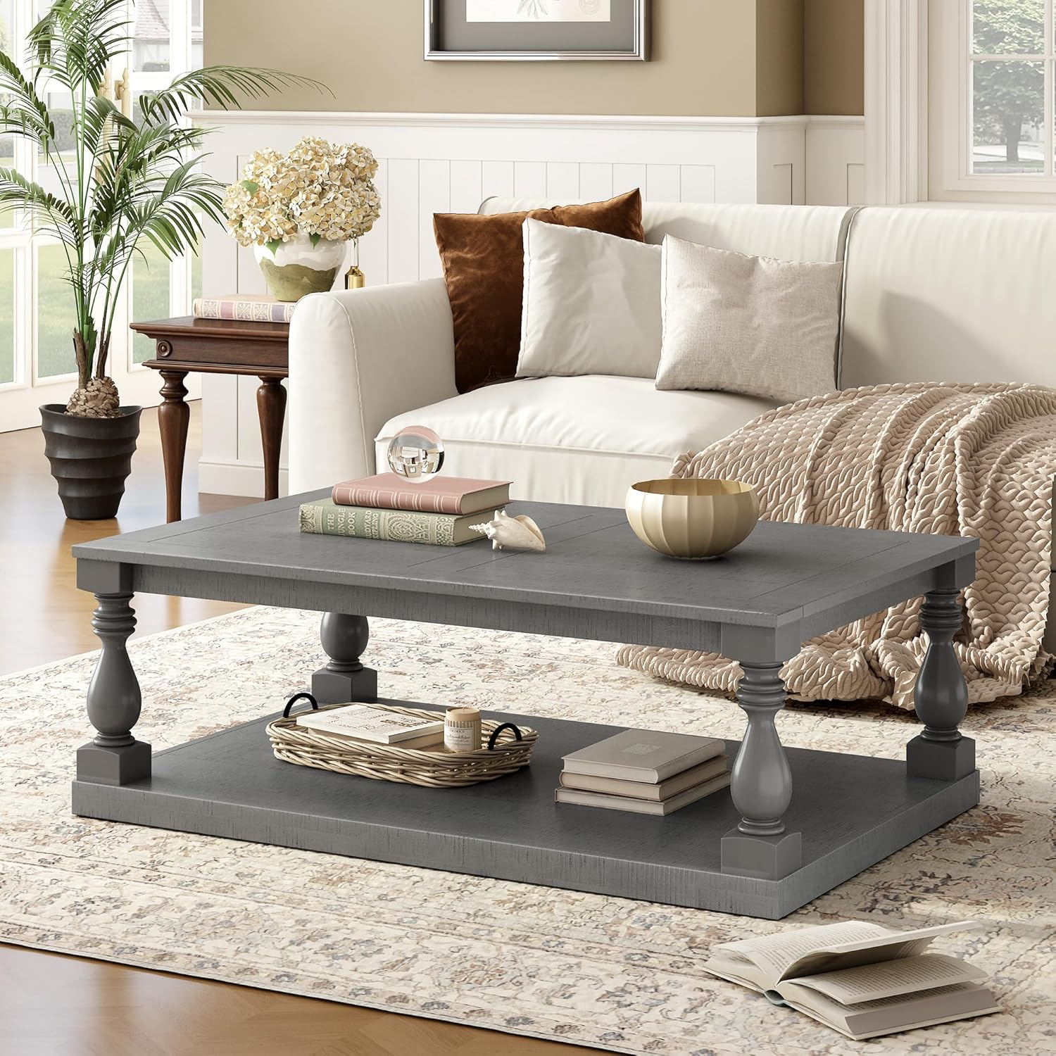 Merax Vintage Coffee Table Featuring Artistic Vase Column Legs and Luxurious Pine Veneer,Suitable for Living Room, Study Room,Grey
