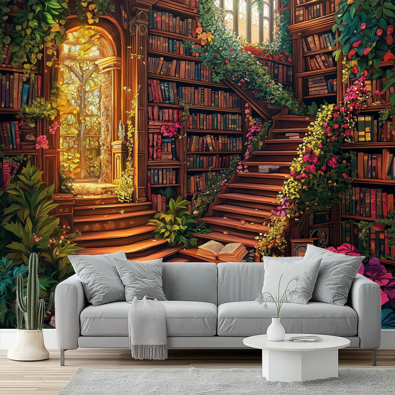 Wall Wallpaper Mural Fantasy Magic Library, 350 x 256 cm Large Non-Woven Wallpaper Murals for Living Room Bedroom Office TV Background Decor, Brown Bookshelf Photo Wallpapers