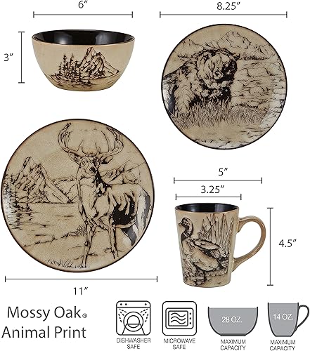 Miniatura 2 de Mossy Oak Juego de vajilla de 16 piezas con estampado de animales, servicio para 4, color negro y beige