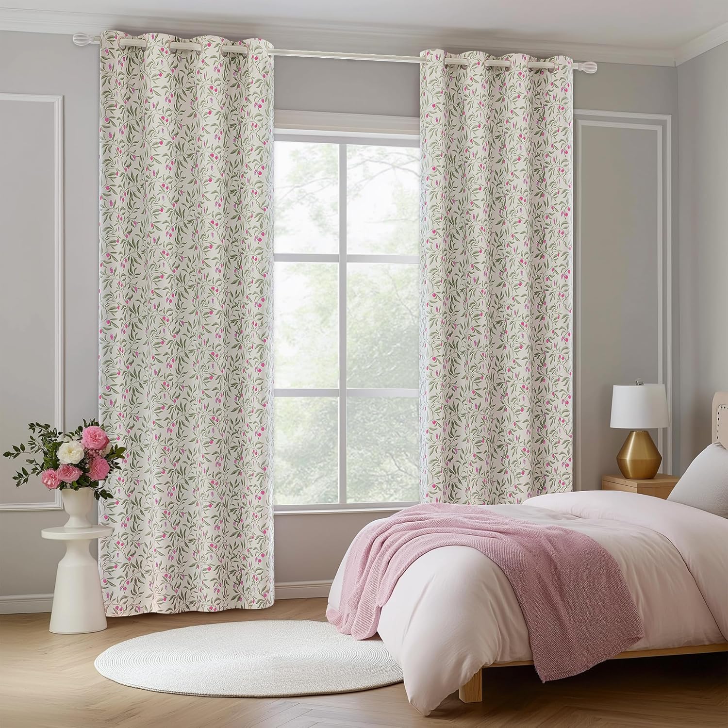 100% blackout beige curtains 96 inches long for bedroom, pink and green cherry leaves patterned curtains for living room, farmhouse thermal insulated botanical drapes grommet 2 panels set pink 52"w x 96"l (pack of 2)