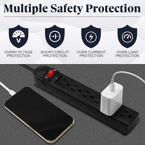 Miniatura 9 de Copkim Paquete de 15 regletas de alimentación de 6 tomas, protector de sobretensiones de 4 pies, protector de sobretensiones de montaje en pared,