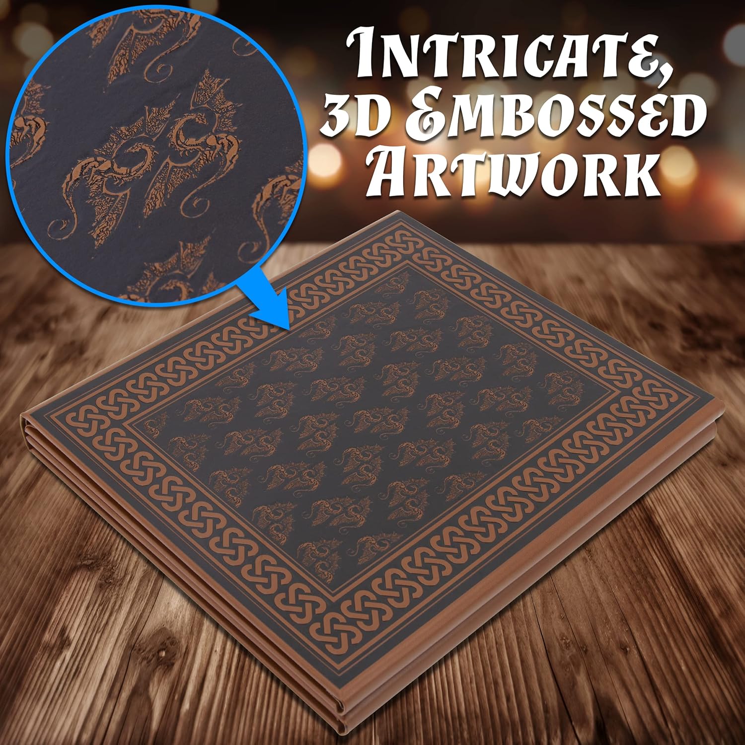 CASEMATIX DM Screen Faux Leather Embossed GM Screen - Four Panel Folding Dungeon Master Screen with Wet Erase Transparent Pockets and Compatible with Tabletop Roleplaying Games, Inserts Not Included