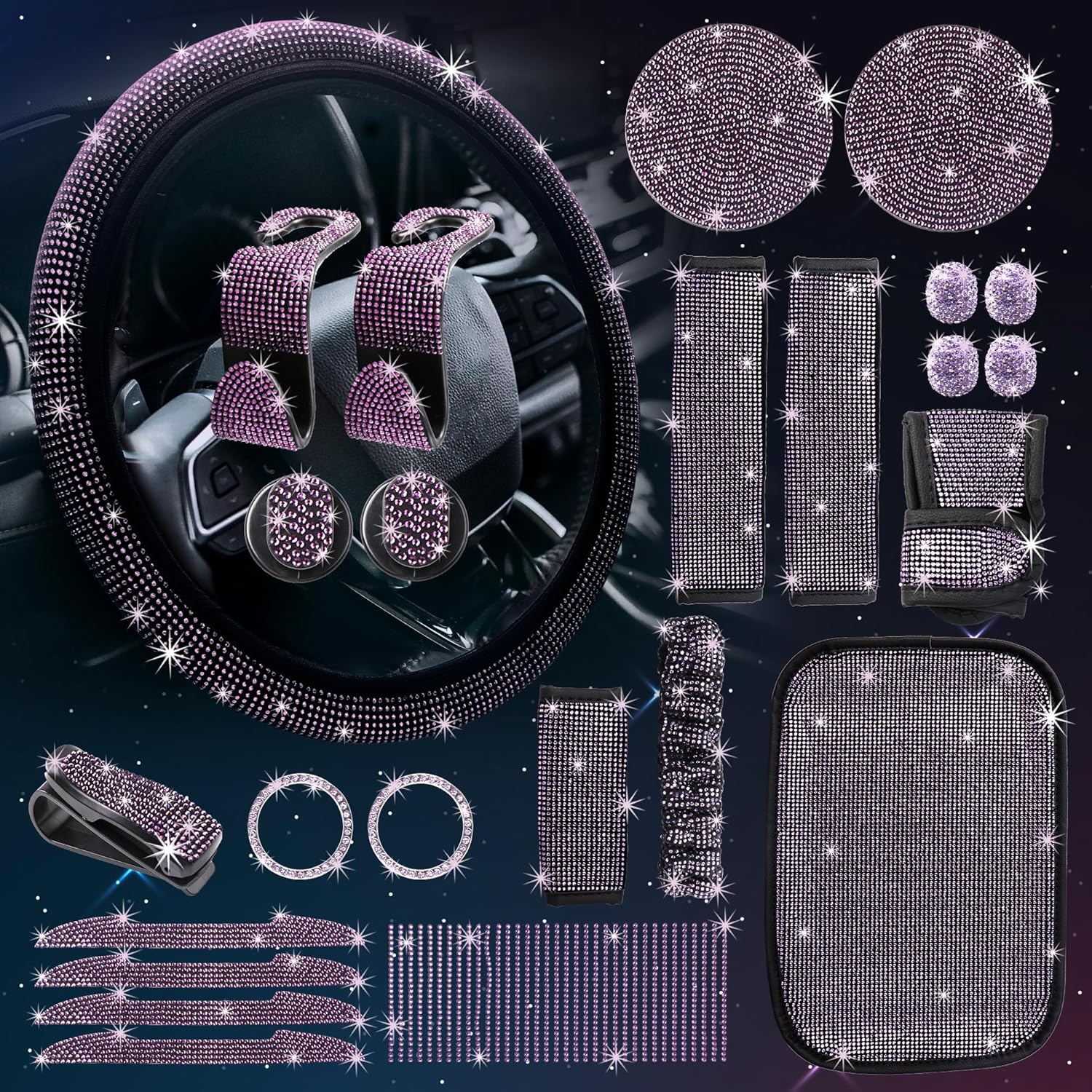 Zeinlenx 25 Pack Bling Car Accessories Set, Rhinestone Car