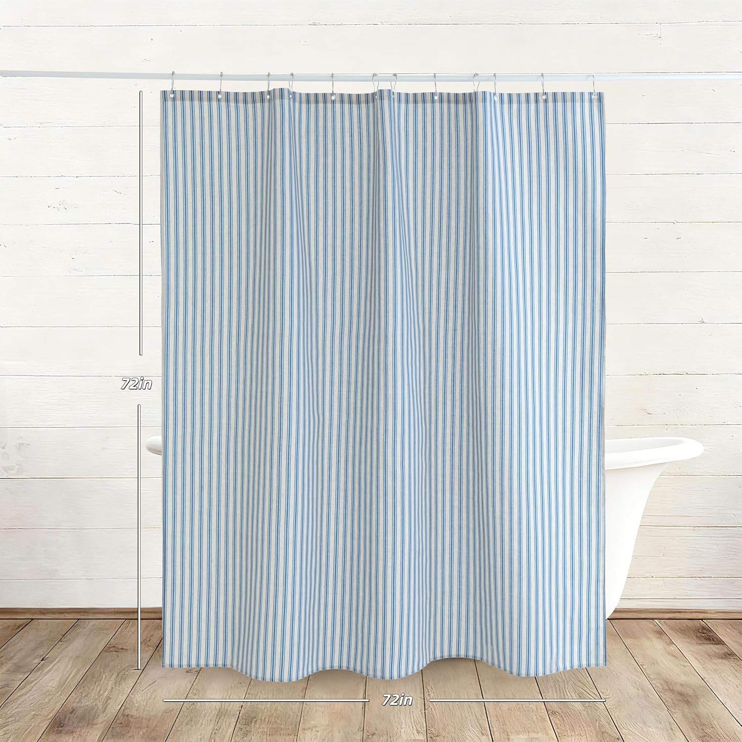 Blue Striped Linen Shower Curtain, Vintage Farmhouse Style Bath Curtain for Bathroom, Country Fabric Shower Curtain with Rustic Charm, Standard Size (72x72 Inches)