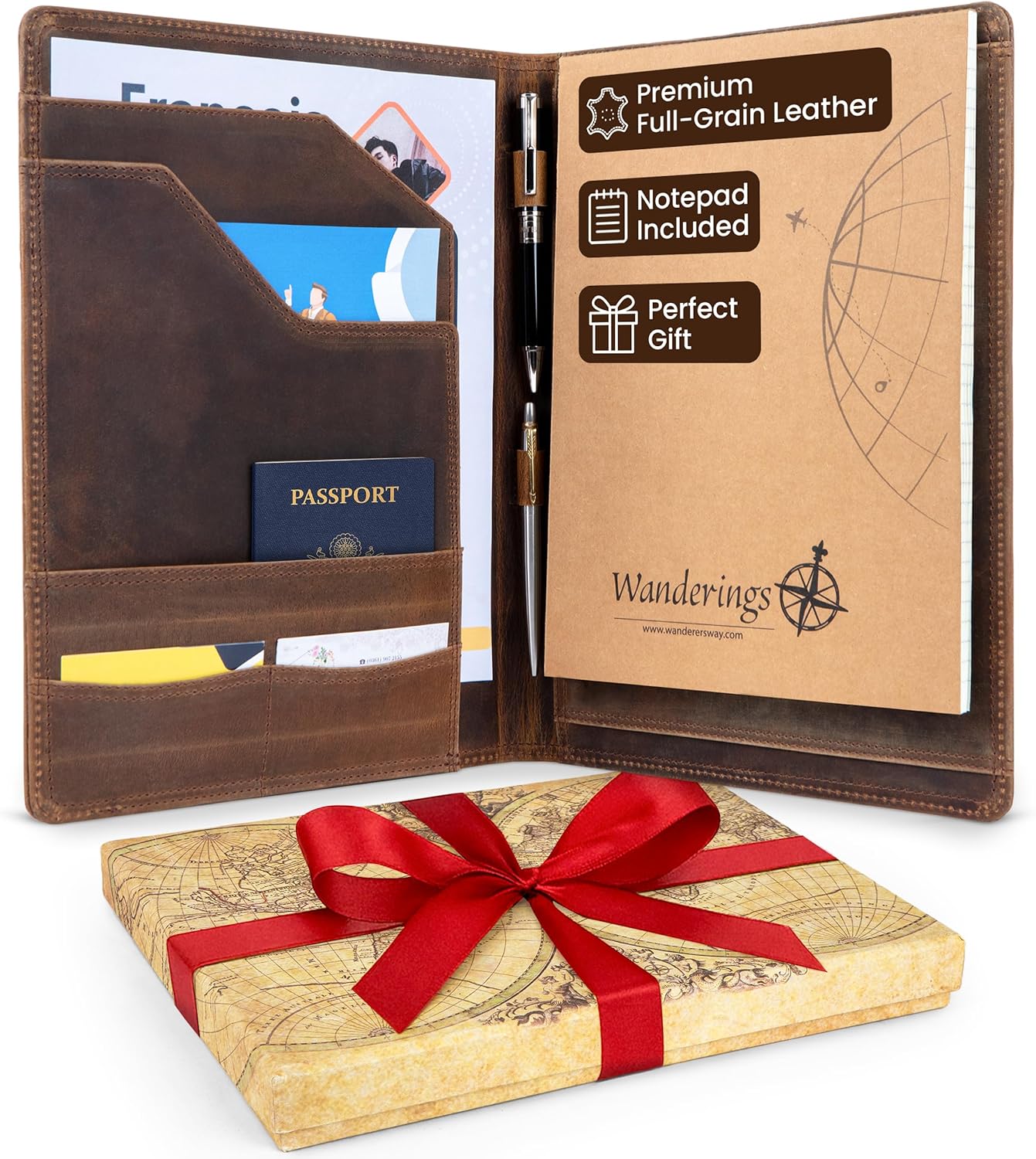Wanderings Vintage Leather Padfolio - 10x13 - Professional Organizer and Resume Folder Antique Leather Document Portfolio with Writing Pad. Ideal Gift for Men and Women - Image 2