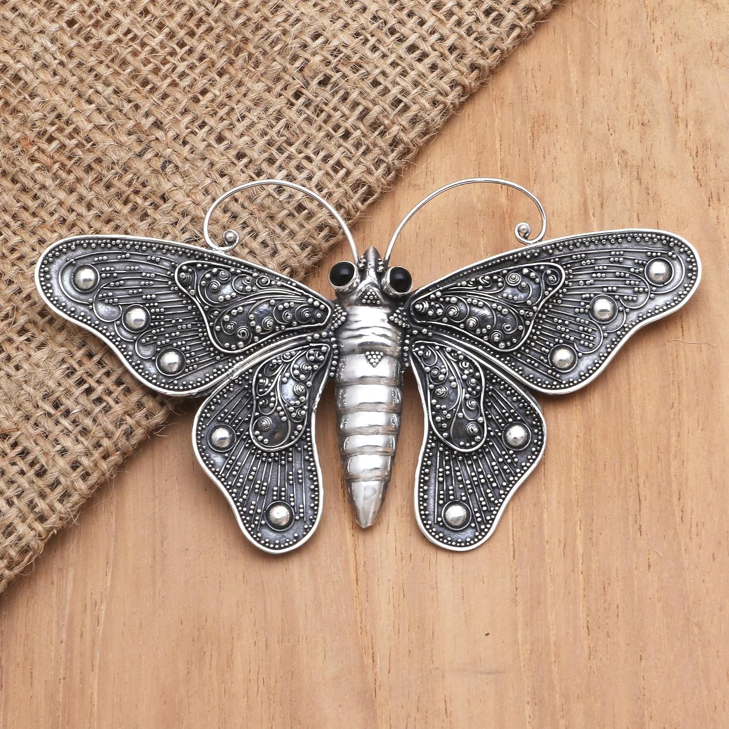 NOVICA Onyx .925 Sterling Silver Brooch 'Breathtaking Butterfly'