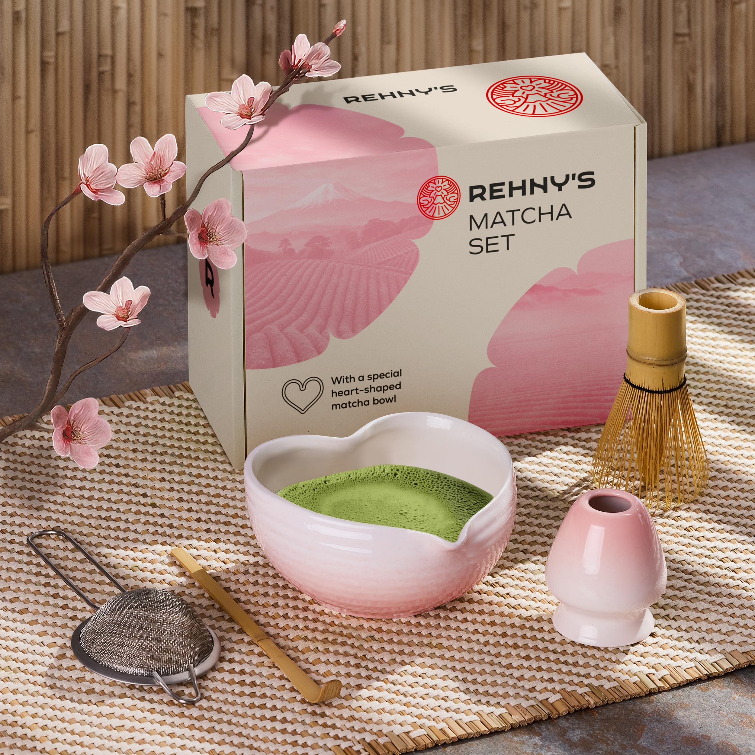Rehny’s Matcha Whisk Set | Complete Matcha Set w/Heart-Shaped Bowl, Bamboo Whisk, Holder, Stainless Steel Sifter, Bamboo Scoop | Macha Kit w/High-Fired Handmade Ceramic Bowl | Macha Powder Tea Kit