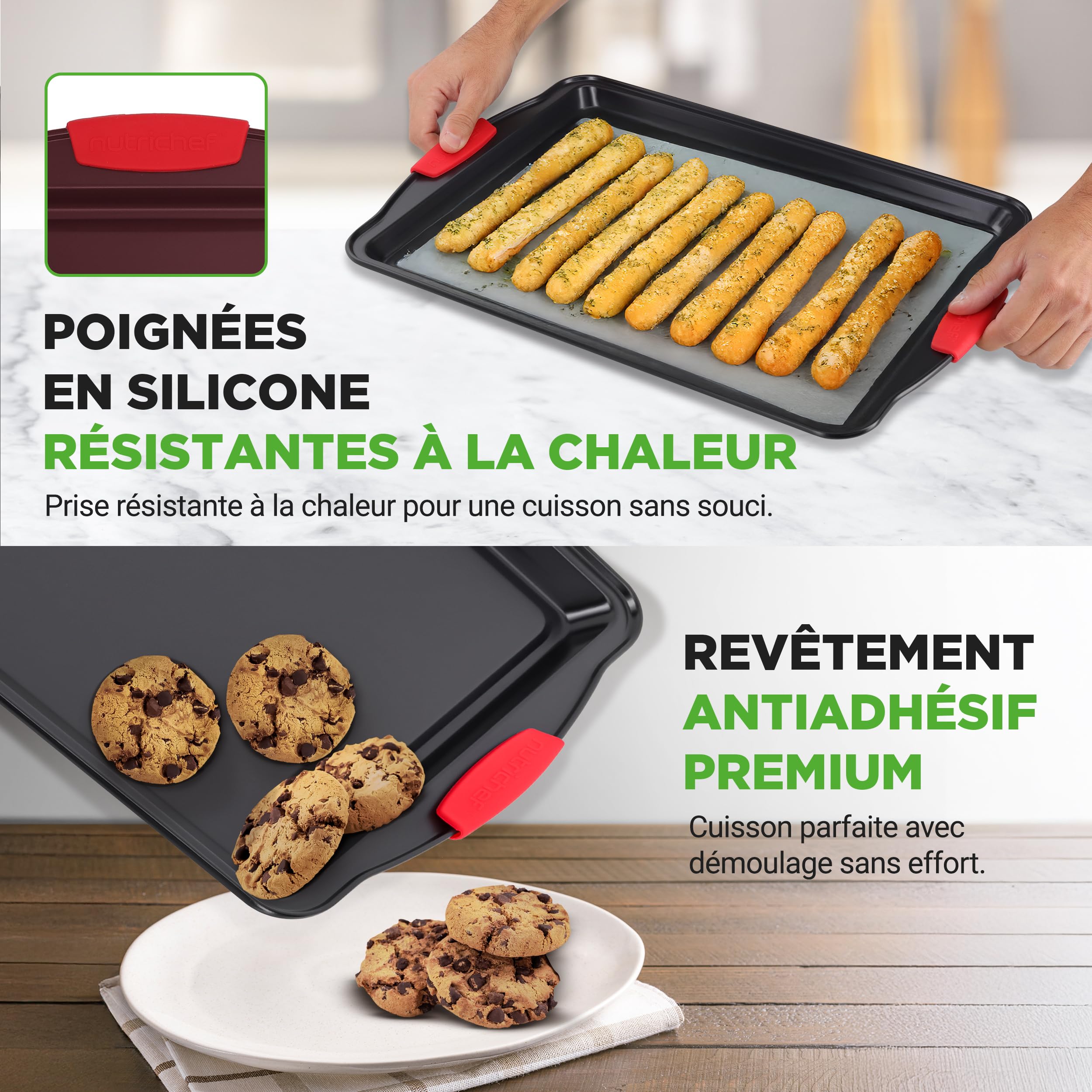 NutriChef Lot de 3 Grandes Plaques à Cookies – Antiadhésives, Empilables, Anses Silicone, 230 °C, Distribution Thermique Uniforme, Noir