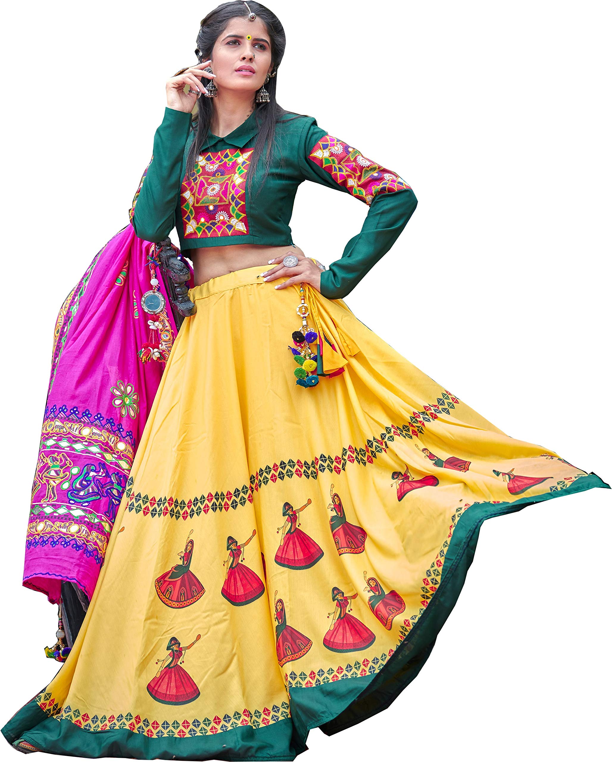 Divine International Trading CoWomen's Soft Cotoon Bridal Wedding Net Lehenga Choli with Dupatta (KHUSHBU-Raas1K-1064_Yellow_Free Size) | Finish Type: Semi stitched