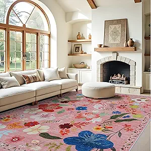 RUUGME Washable 9x12 Area Rug - Large Boho Rugs for Living Room Kitchen Stain Resistant Carpet Vintage Tribal Rugs for Bedroom with Non Slip Backing Floor Decoration Mat 9x12 Flower Pink