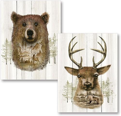 Miniatura 6 de Gango Home Décor Lodge Bear Retrato de desierto y retrato de ciervo por Ed Wargo (listo para colgar) dos lienzos estirados a mano de 12 x 16 pulgadas