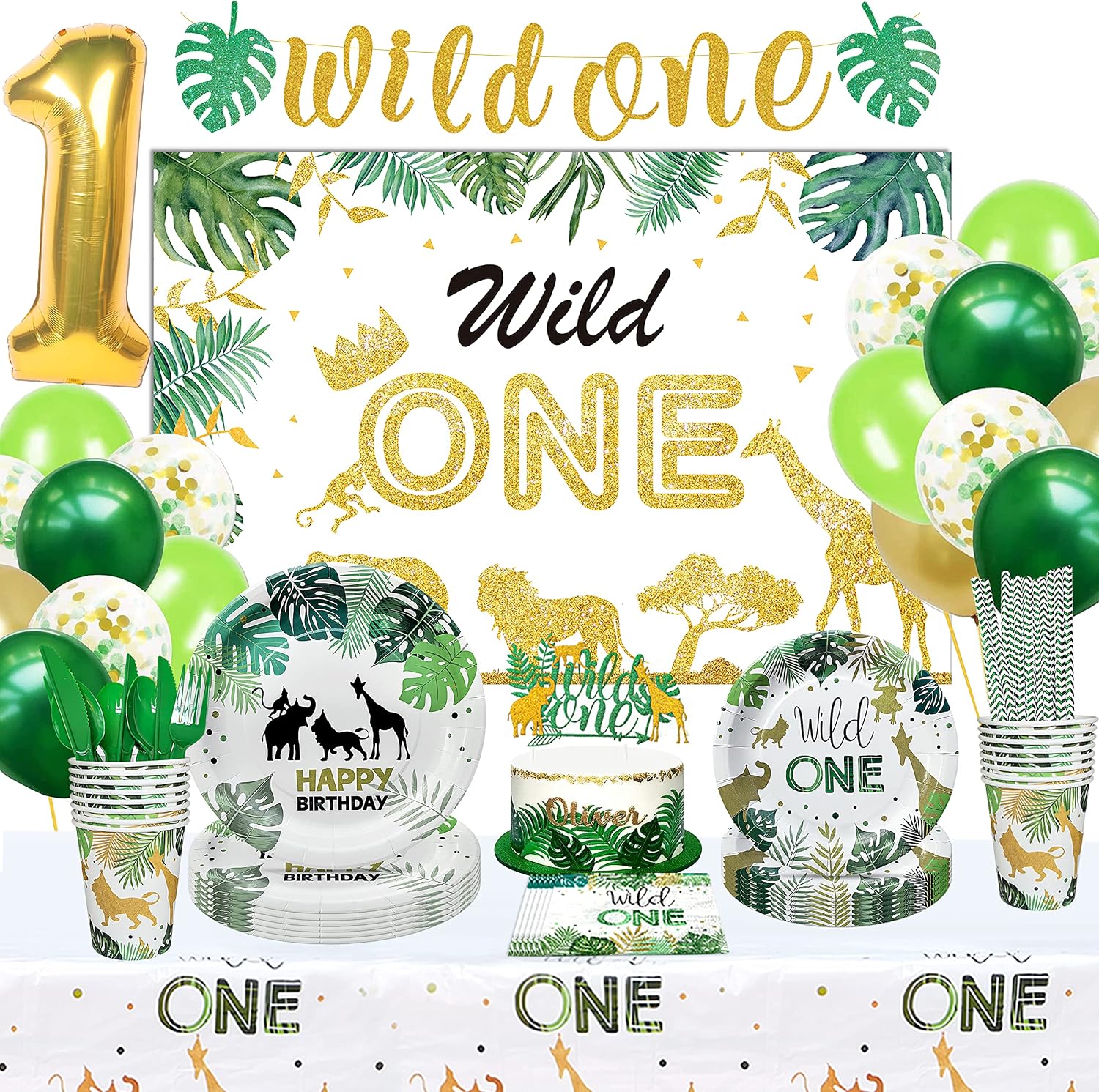 NAIWOXI Wild One Birthday Decorations - Safari Birthday Decorations Include Backdrop, Banner, Plates, Cups, Napkins, Tablecloth, Balloon, Straws, Cutlery, Topper, Wild One Party Supplies | Serve 24