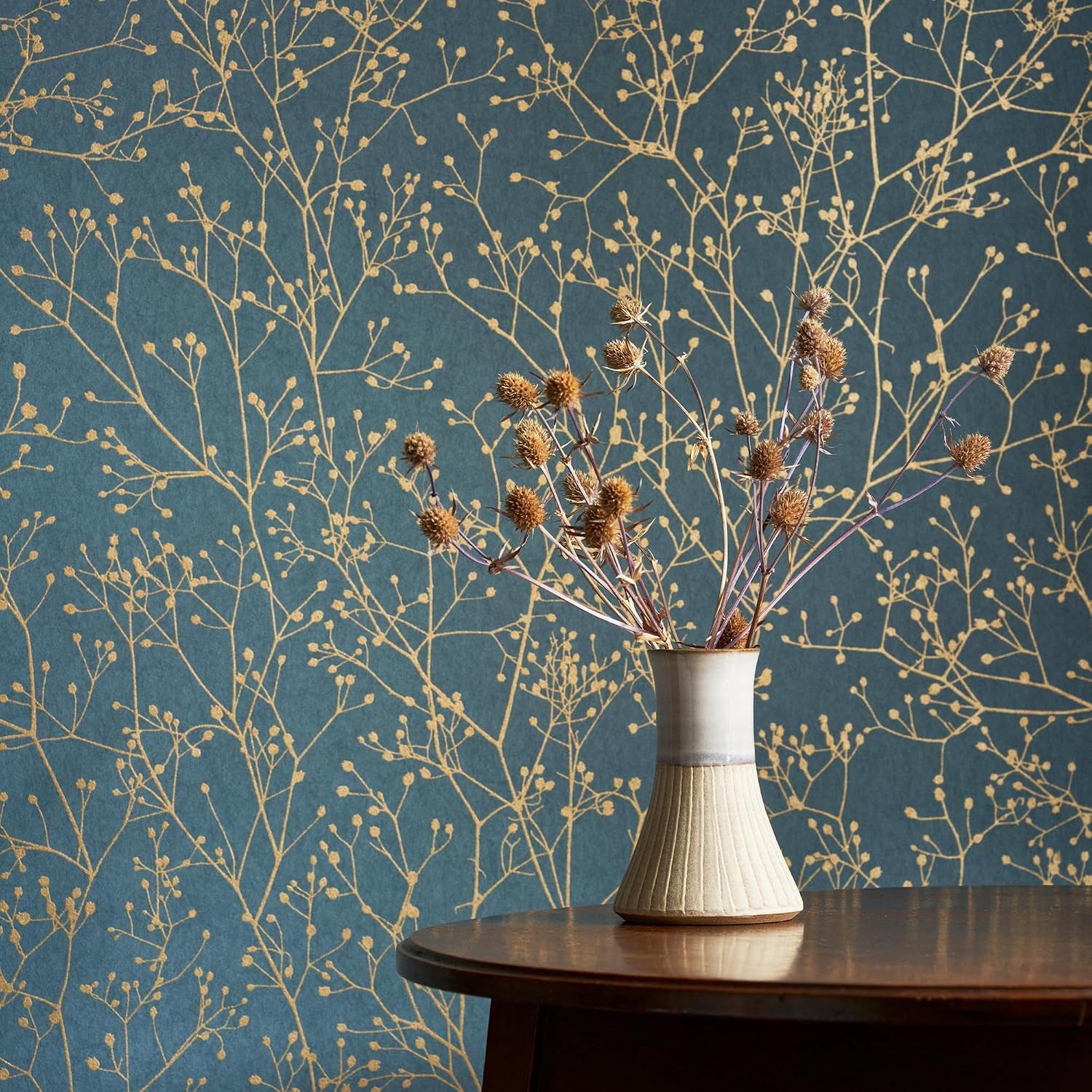 Gypsophila Airforce Blue and Soft Gold Removable Wallpaper