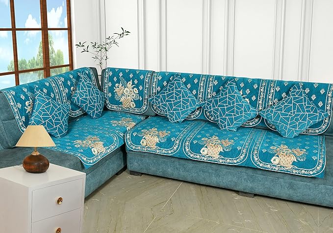 SAWNA HOMES Velvet L Shape Sofa Covers Set 12 Pieces Printed Back Covers with Coushions, Heavy Fabric Slip Protector Protector for Long Couch, Royal Look , Sky Blue (Pack of 11)