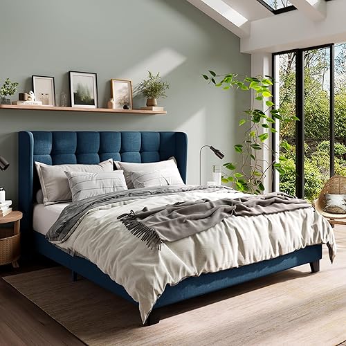 Miniatura 9 de MUTICOR Base de cama tamaño Queen con cabecera de ala, diseño cosido cuadrado, soporte de listones de madera, fácil montaje, gris oscuro Gris