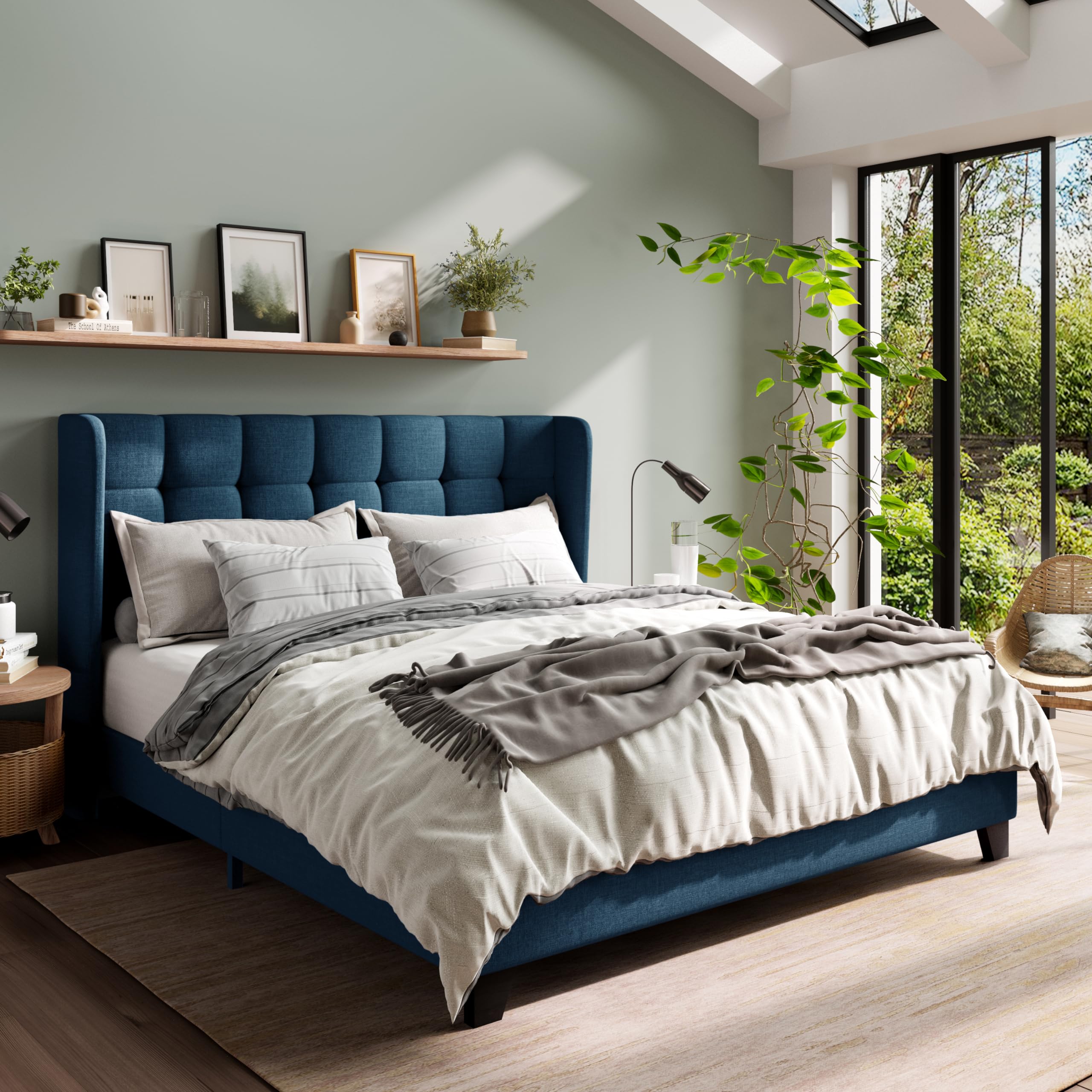 MUTICOR Queen Size Bed Frame with Wingback Headboard, Square Stitched Design, Wooden Slats Support, Easy Assembly, Navy Blue