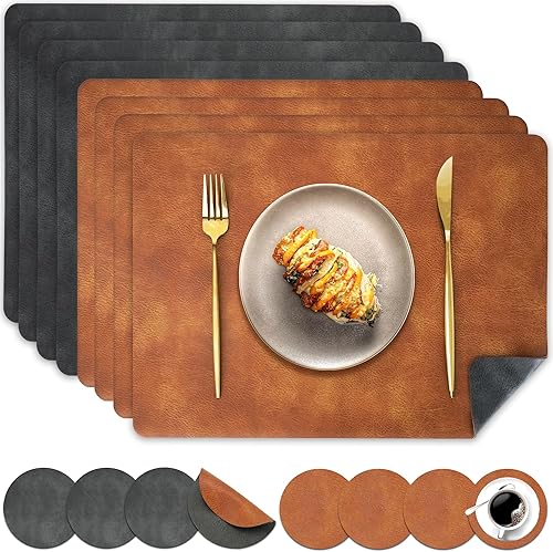 Juego de 8 manteles individuales y posavasos de piel sintética, lavables y reversibles, juego de 8 manteles individuales con patrón de piel de vaca,