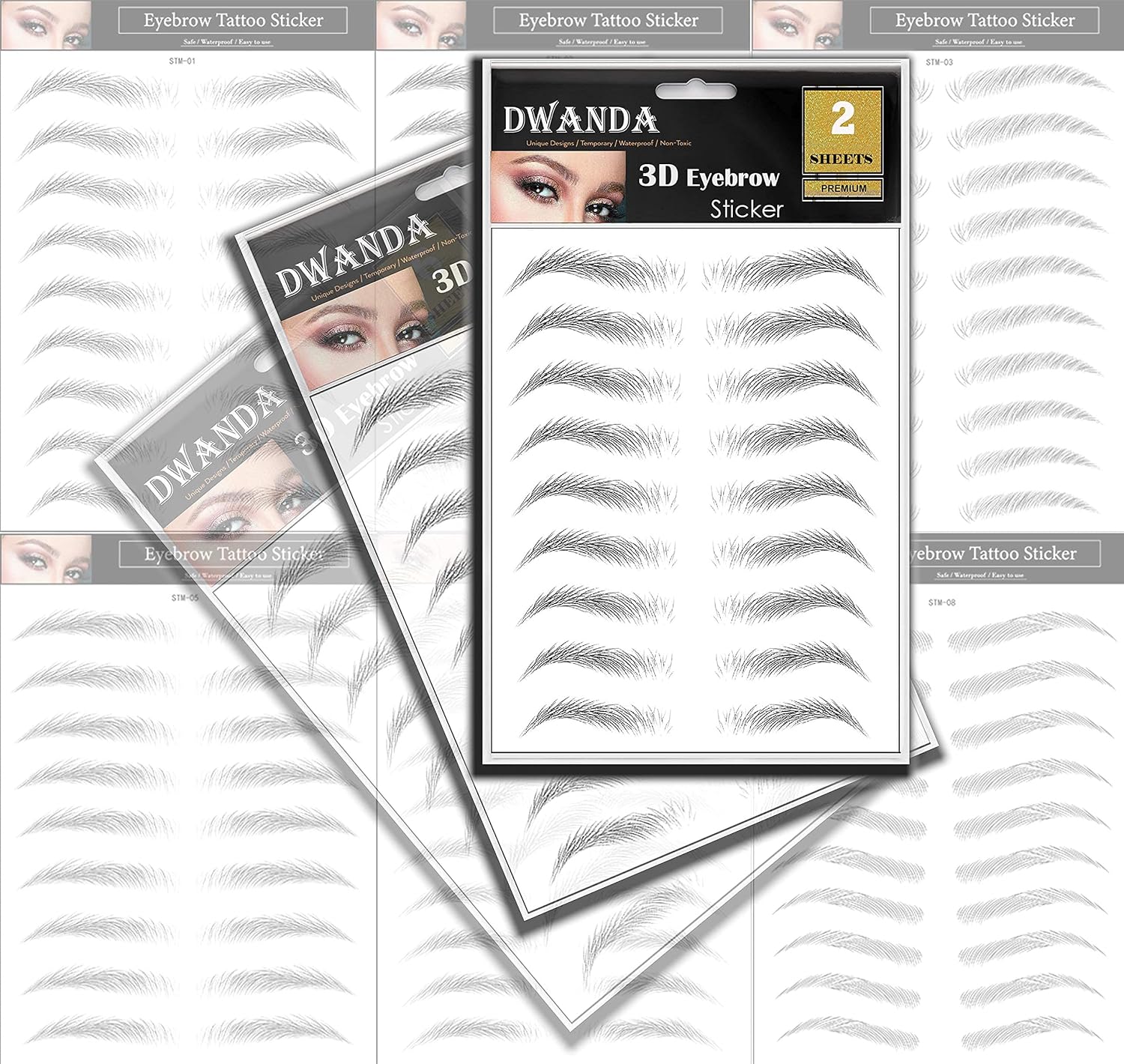 2 Sheets Premium Dwanda 3D Realistic Long Lasting Eyebrow Transfers, Realistic Looking Natural Eyebrows, Waterproof Eyebrow Tattoo stickers for Woman Makeup, Black, 18-Pairs of Brows