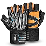 ihuan Ventilated Weight Lifting Gym Workout Gloves with Wrist Wrap Support for Men & Women, Full Palm Protection, for Weightlifting, Training, Fitness, Hanging, Pull ups (Orange, M)