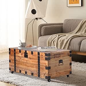 Vintage Wood Storage Trunk Coffee Table with Wheels, Large Capacity Rustic Center Table