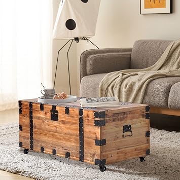 NewCosmos Vintage Reclaimed Fir Wood Storage Trunk Rustic Charm with Black Metal Accents No Assembly Required, Optional Wheels Included