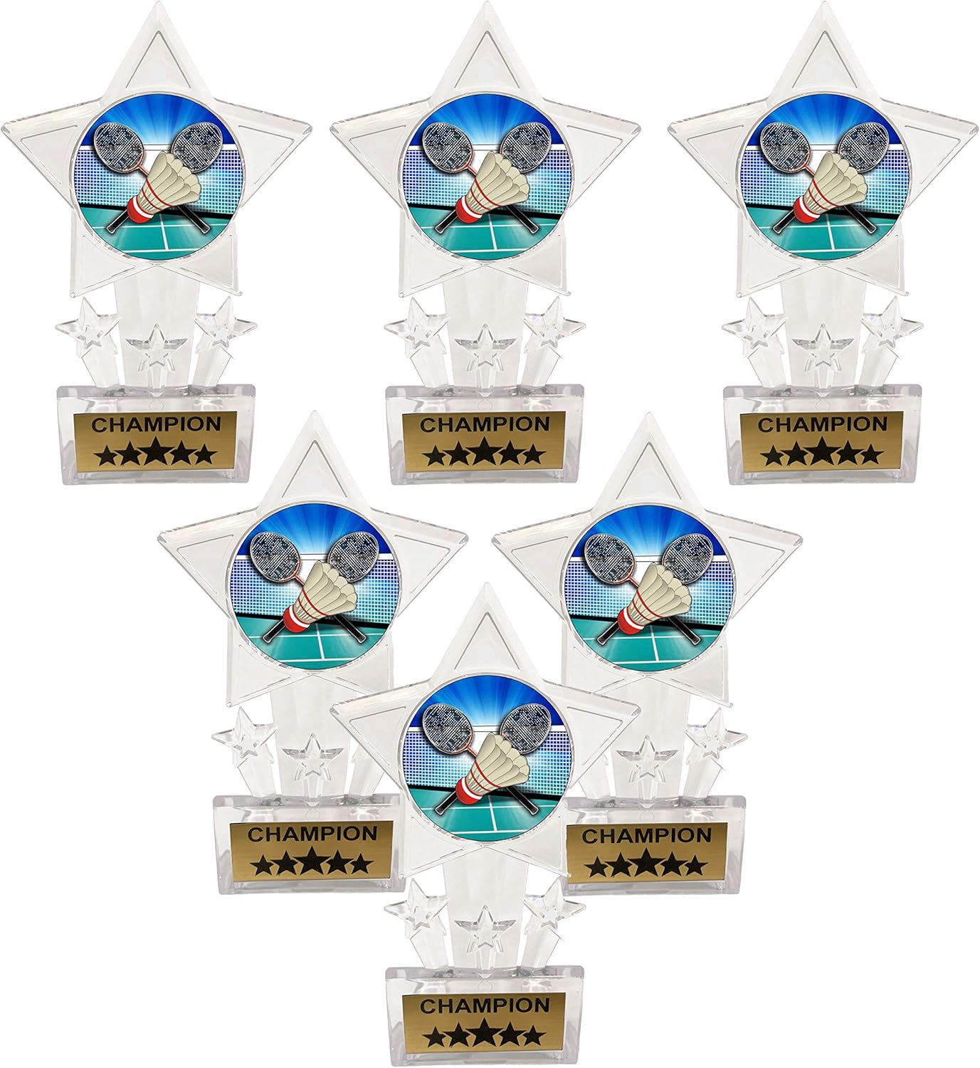 Express Medals 6.5 Inch Clear Acrylic Star Badminton Champion Trophy Awards (Pack of 6)