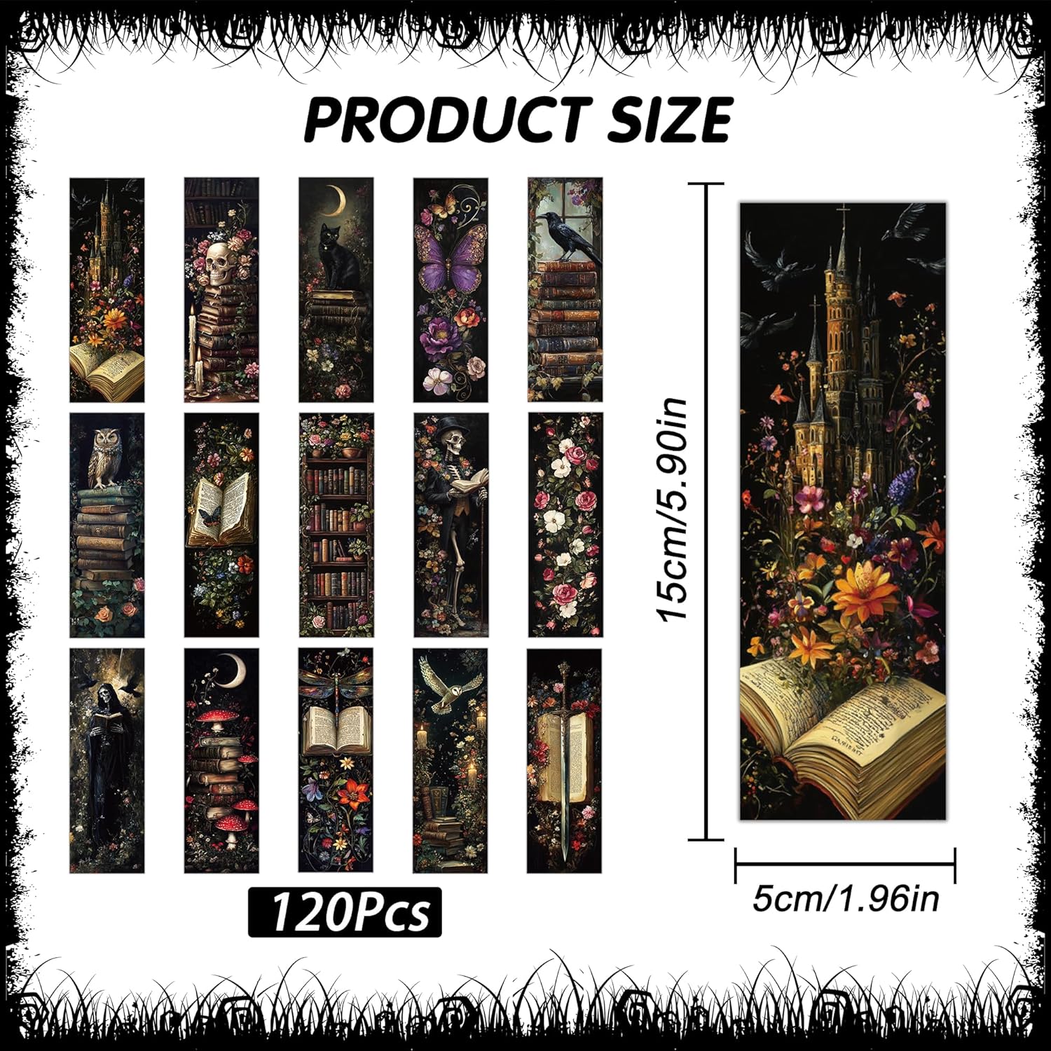 120 Pcs Dark Academia Bookmarks Bulk, Gothic Floral Aesthetic Paper Book Mark with 15 Designs for Reading Women, Dark Romance Merch Bookish Gifts Reading Accessories for Women Teens Adults - Image 2