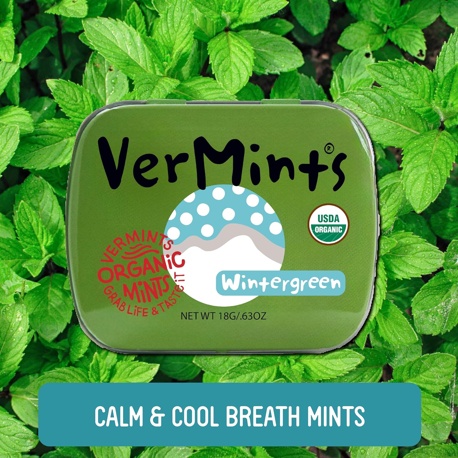 VerMints Organic Breath Mints Wintergreen - Real Long-Lasting Refreshment, Travel Size Tin - Non-GMO, Vegan, Nut Free, Gluten Free & Kosher Organic Candy Mints- .63oz/18g Tins (Pack of 12)