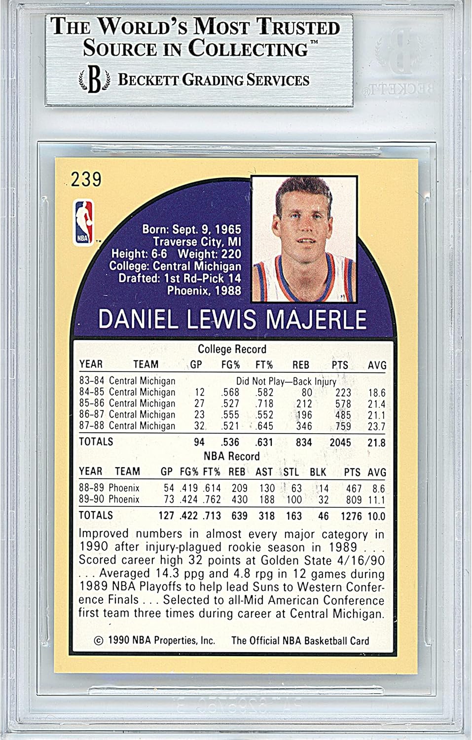 Dan Majerle Autographed 1990-1991 Hoops #239 Basketball Card Slab Beckett BAS Authentic Slabbed COA Played For Phoenix Suns NBA