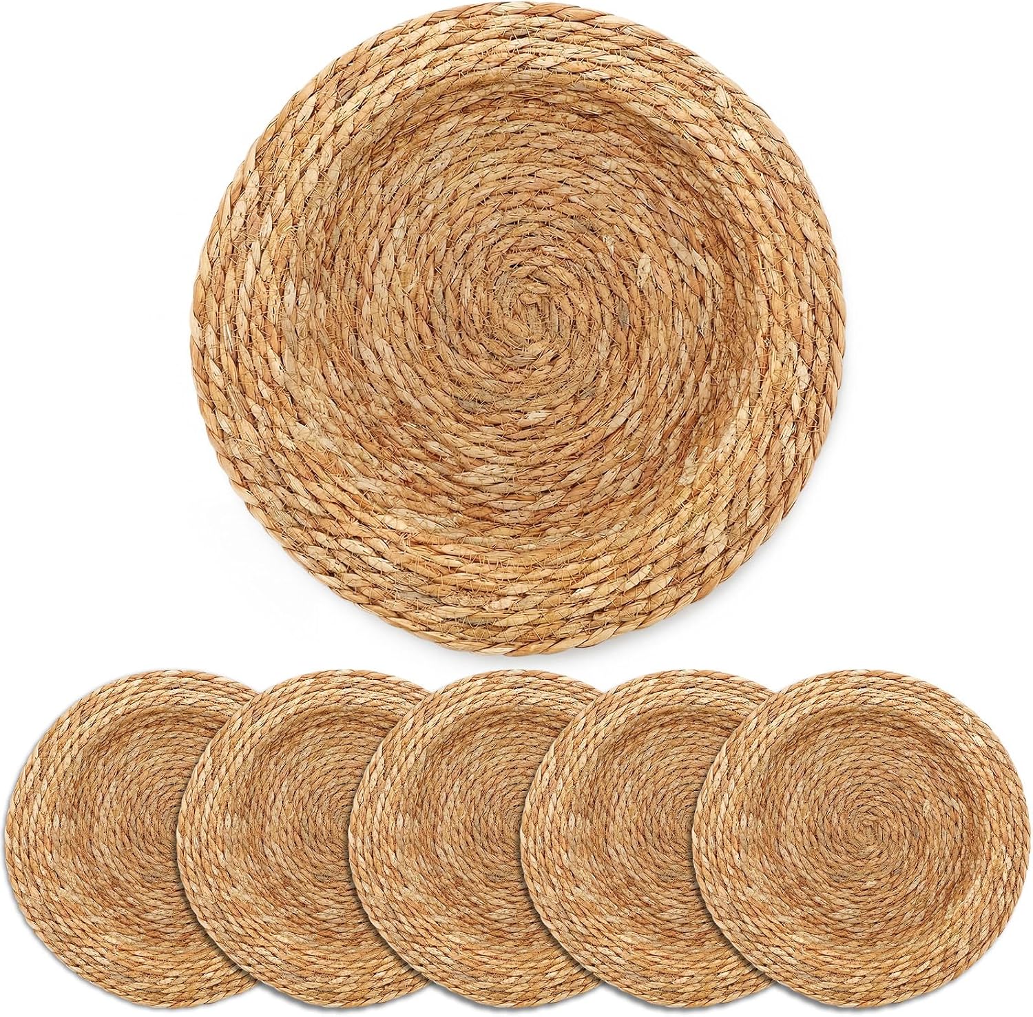 LemonRoad 13 Inch Boho Placemats Set of 6 Large Round Farmhouse Chargers Plate Mats Cattail Weave Woven Table Mats for Dining Plates Rustic Home Kitchen Wedding Party Table Decor