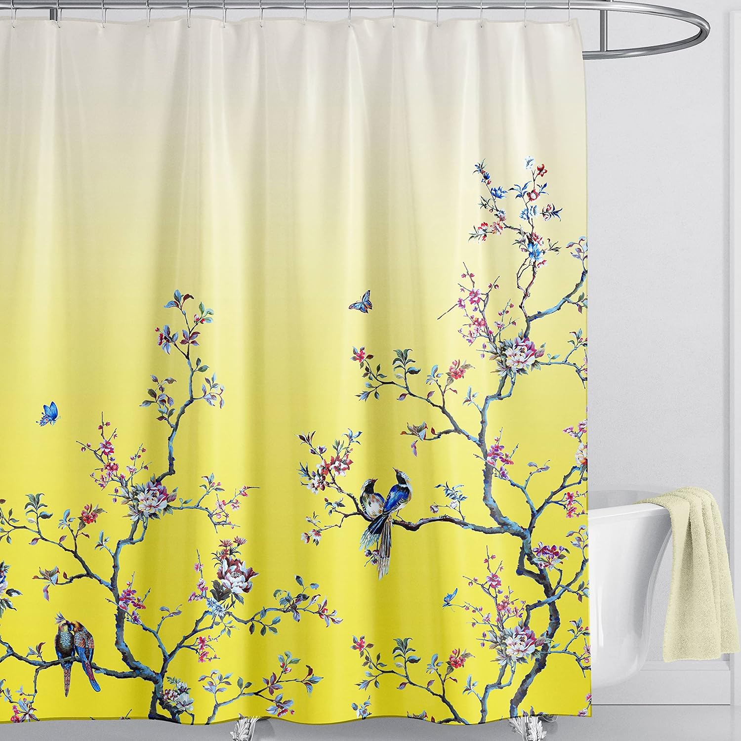 LIVETTY Yellow Bird Floral Shower Curtain 180cm × 180cm Mould Proof Butterfly Fabric Bathroom curtain For Women & Men With 12 Hooks Washable Quick-Drying Curtains
