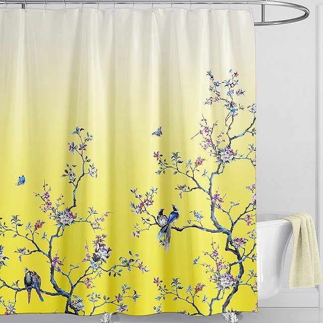LIVETTY Yellow Bird Floral Shower Curtain 180cm × 180cm Mould Proof Butterfly Fabric Bathroom curtain For Women & Men With 12 Hooks Washable Quick-Drying Curtains