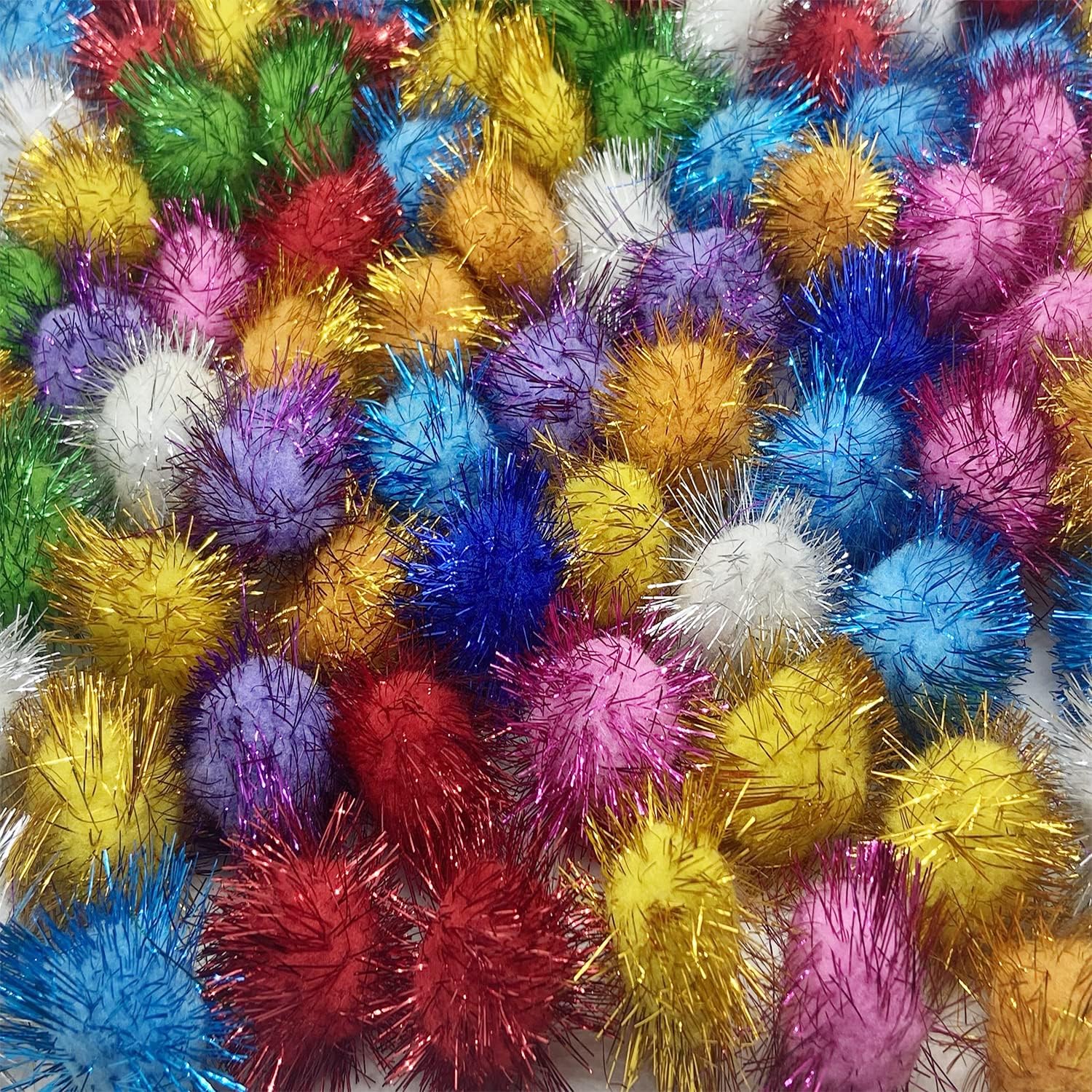 100 Pcs Assorted Color Sparkle Balls, 1.8 Inch Pom Pom Cat Toys Fuzzy Cat Balls, for Kittens Exercise and Entertainment, Color Random