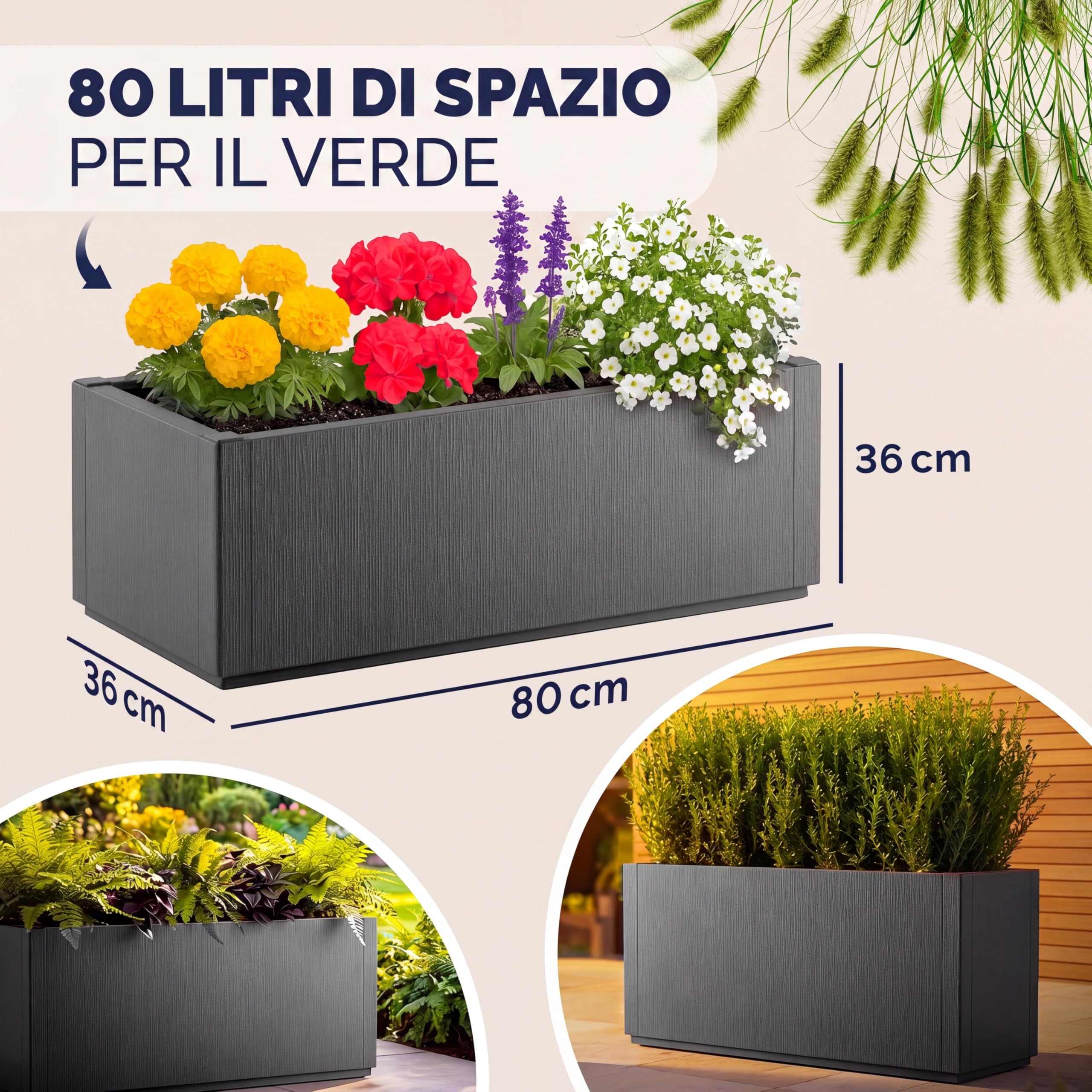 Casaria® 2x Fioriera da Esterno Ethica in Plastica 80L 80x36x35cm Base Drenante Fioriere da Giardino Vaso Grade per Fiori Vasi per Piante Rettangolari