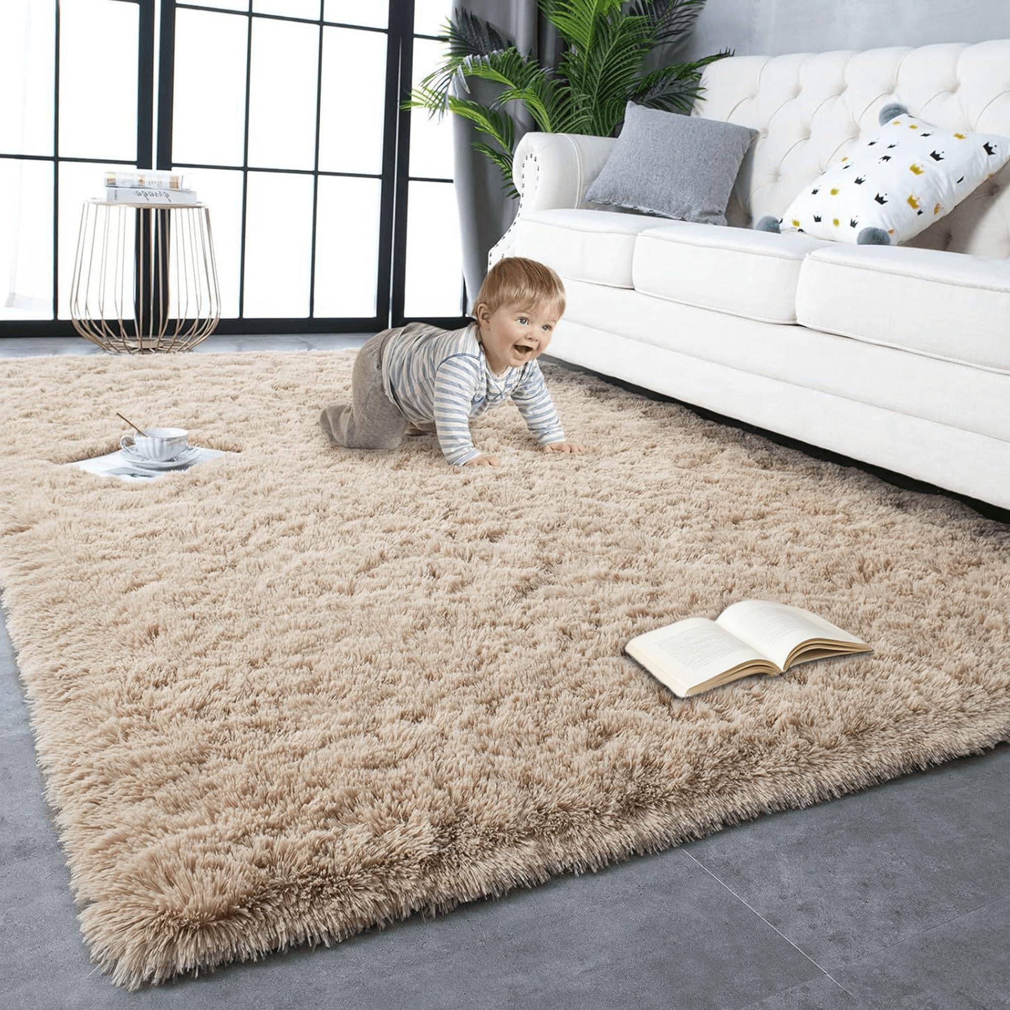 Tapis salon 270x360 cm shaggy chameau grand format antidérapant